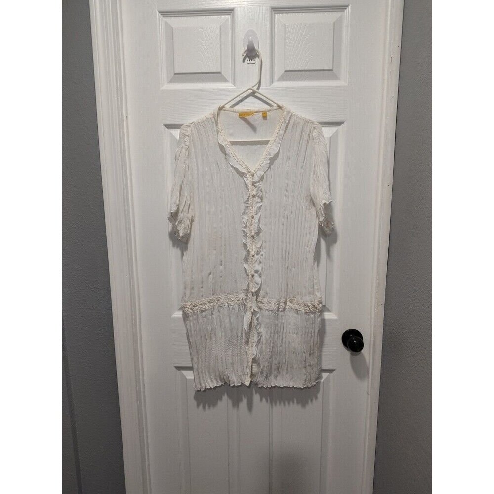 Vintage Lloyd Williams white accordion‎ pleat vneck puff sleeve blouse top XL